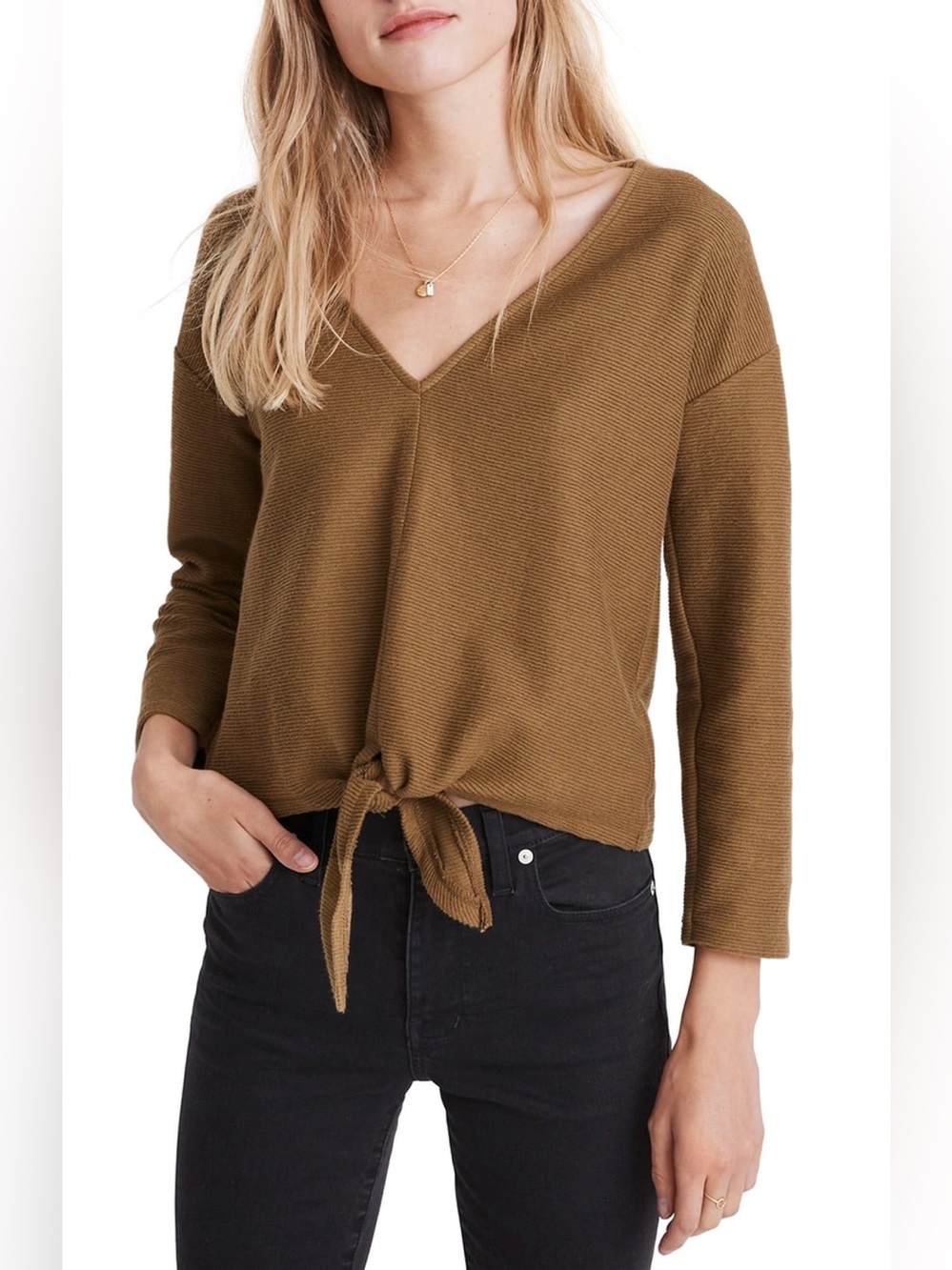 Madewell Texture & thread Front Tie Crop Top brown small 100% cotton ribbed tan